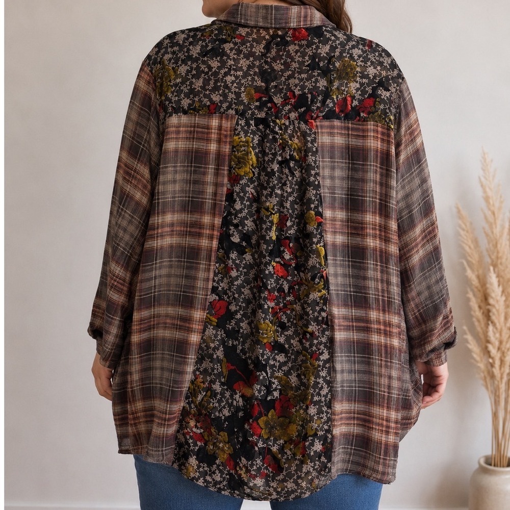 Oodi Women's 3XL Plaid Floral Print Cotton Button Up Tunic Boho Artsy Velvet